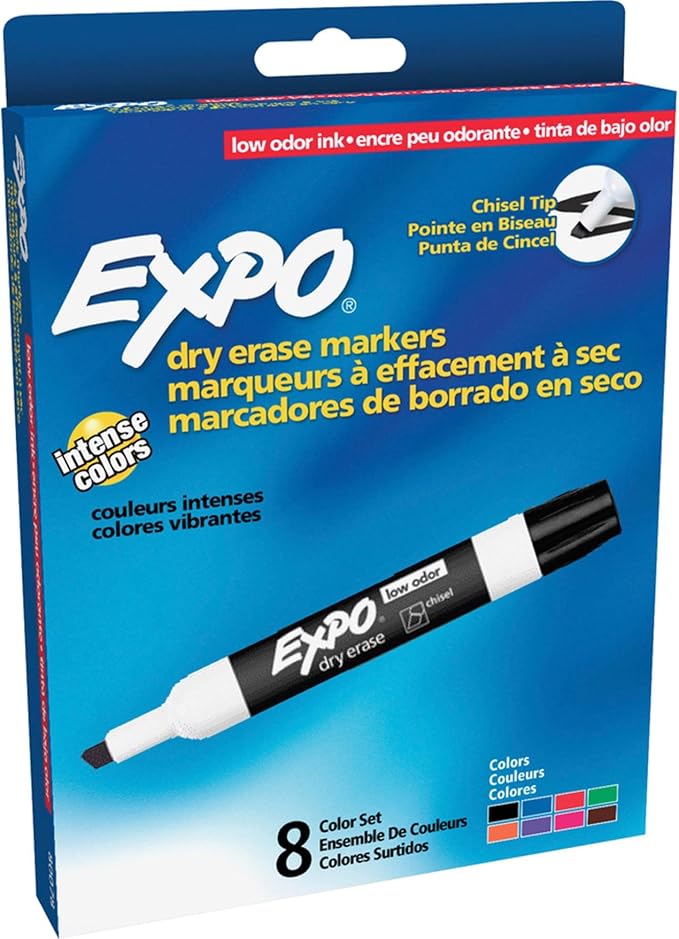 EXPO Low Odor Dry Erase Markers, Chisel Tip, Assorted Colors, 8 Count