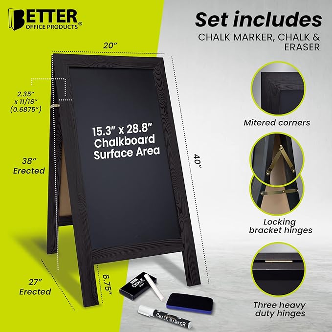 Better Office Products Magnetic A-Frame Chalkboard Sign, Extra Large 20" x 40", Standing Chalkboard Easel, with Chalk Marker + Chalk & Eraser, Sandwich Board Outdoor Sidewalk Sign,(Black)