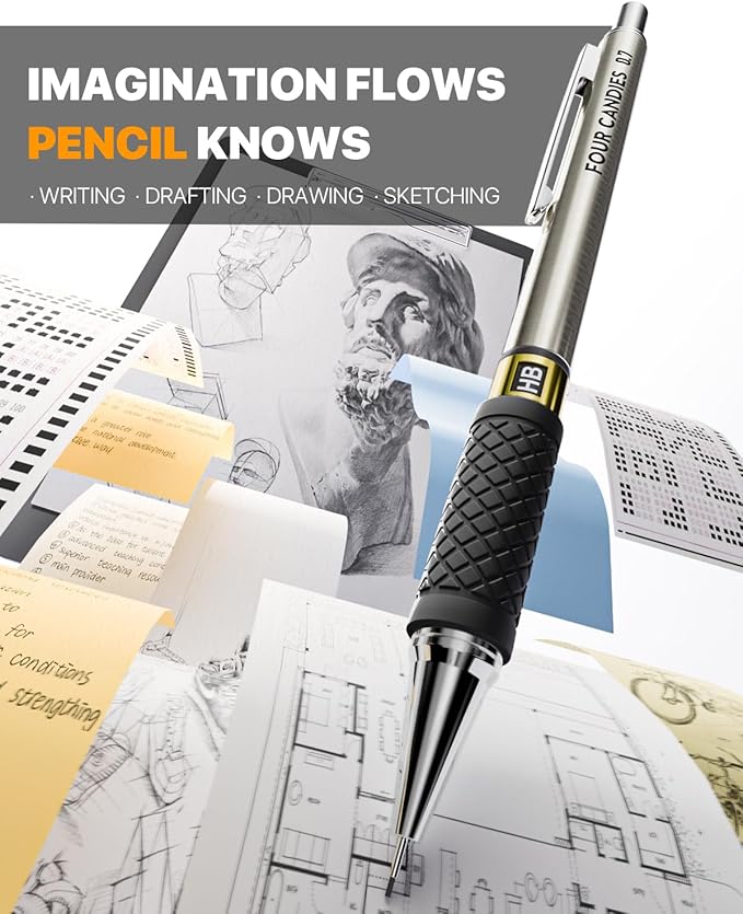 Four Candies Metal Mechanical Pencil Set - 3PCS 0.5 & 0.7 & 0.9 mm Art Pencils & 360PCS HB Lead Refills & 3PCS Erasers & 9PCS Eraser Refills, for Drawing, Writing, Sketching, Drafting - With Case