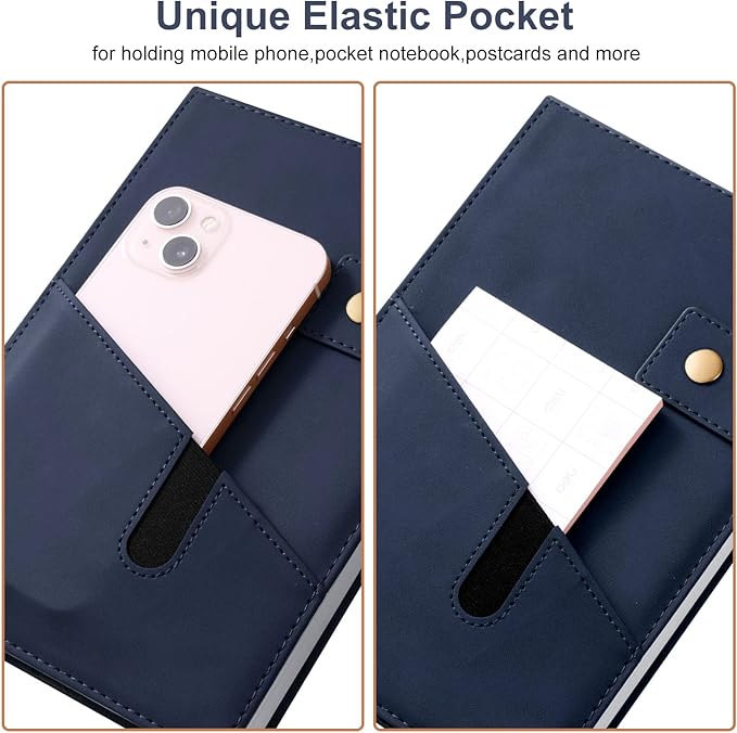 A5 Leather Journal Notebook with Pen, 200 Pages Hardcover Journal with Pocket, 100gsm Thick Lined Paper Daily Diary for Men and Women, Great Gift for Business School Travel Personal - Navy Blue