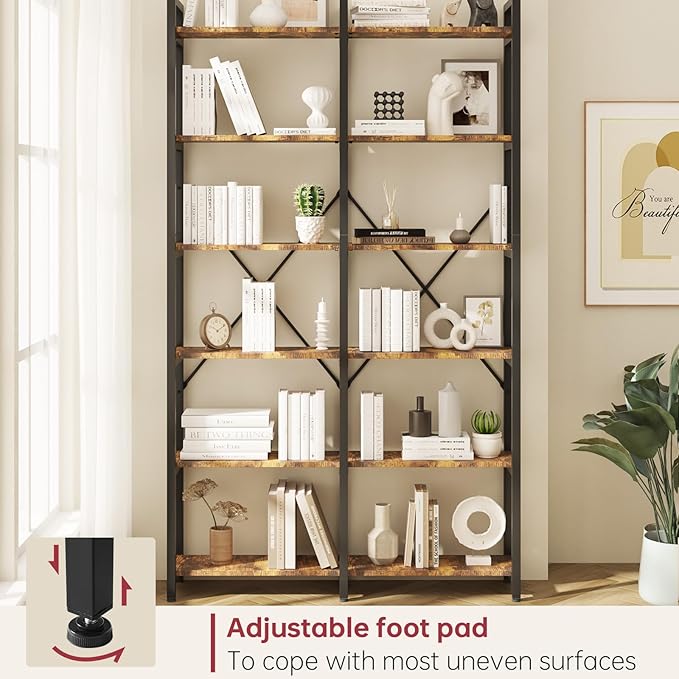 oneinmil Bookshelf 6 Tier, 71.5'' Industrial Wood Bookshelves, Book Shelf with 12 Open Display Shelves & Metal Frame, Tall Bookcase for Home and Office, Rustic Brown