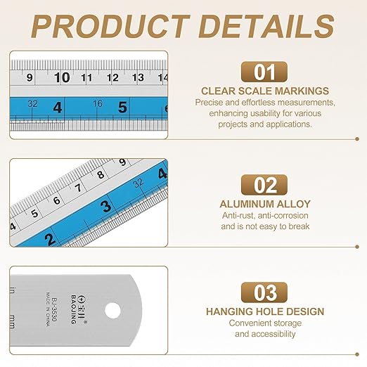 HARFINGTON 6pcs Metal Straight Ruler 20cm Metric SAE Aluminum Alloy Measuring Rulers Scale Tools with Hole for Measure Study Reading Classroom Office, Blue