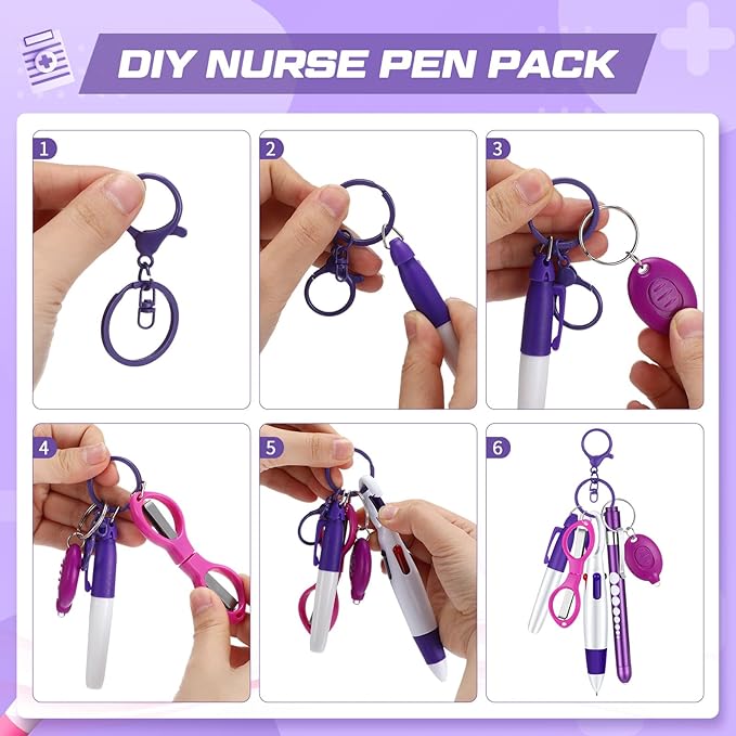 6 Pcs Nurse Pen Set Include Permanent Marker Pen Retractable Ballpoint Pen Keychain Clip Foldable Scissors Lights LED Flashlight Keychain for Nurse Accessories(Purple)