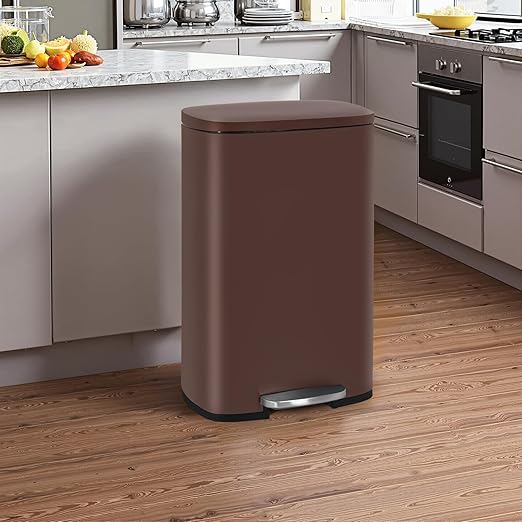 PayLessHere Stainless Steel Trash Can with Lid - Removable Inner Bucket, Foot Pedal Soft Close for Office, Home, Kitchen Garbage Bin (Brown, 13 G)