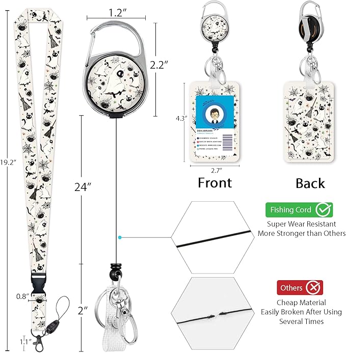 Giancomics Halloween Lanyards for Id Badges, Spooky Black Cat ID Badge Holder with Lanyard Badge Reel Retractable, Cute Bat Lanyard with ID Holder Keychain Clip Name Tag ID Card Holder Women Office