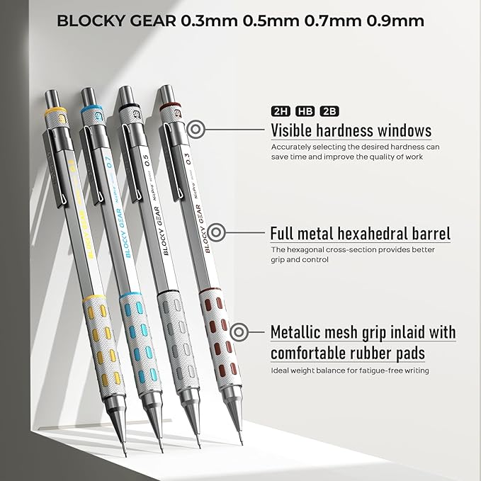 Nicpro 4 Pack Blocky Gear 0.3, 0.5, 0.7, 0.9 mm Metal Mechanical Pencils Set with Case, Lead Drafting Pencil with 8 Tube Lead Refills(HB 2B), Erasers, Eraser Refills for Art Writing Sketching Drawing