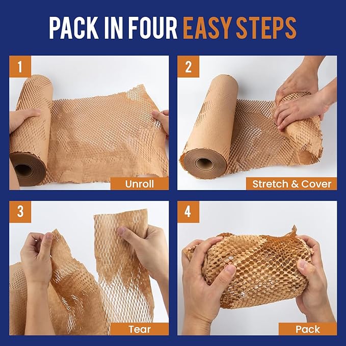 Honeycomb Packing Paper 12" x 35ft with Rope & 20 Fragile Stickers|Shipping & Moving Supplies|Small Business Packaging Supplies|Eco Friendly Bubble Wrap Packing Boxes for Moving Certified FSC C204227