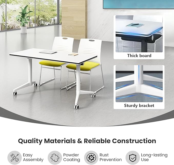 Conference Table Folding Conference Table, Modern Conference Room Table White Meeting Table Flip Top Large Mobile Training Table, Mobile Training Seminar Table for Office Classroom (4pack 70.8in)