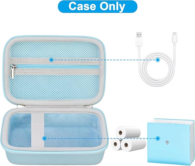 Canboc Case for Memoking/Ponek/Phomemo/Omezizy/Memoqueen T02 Mini Printer Sticker Printer/Phomemo M02 Printer, T02 Portable Thermal Printer Box for Thermal Paper, USB Cable, Blue (Case Only)