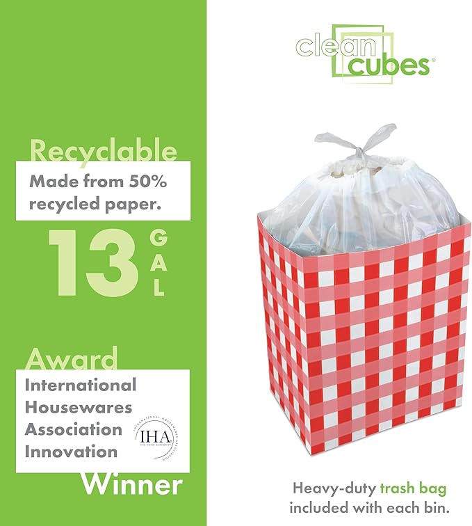 | 13 Gallon Disposable Trash Cans (3-Pack) with Fitted Trash Bags - Reusable Garbage and Recycling Bins for Parties, Events, and More (Picnic - 17" Height x 13.5" Width x 10" Depth)
