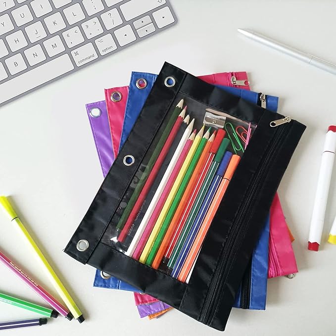 YoeeJob Pencil Pouch for 3 Ring Binder，Zipper Pencil Pouches Bulk，Pencil Case Pouch with Clear Window for Class, School, Office, 4 Colors-24 Packs