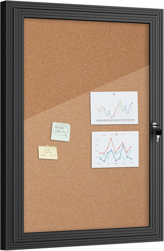 36"x24" Enclosed Bulletin Board, Outdoor Lockable Weather-Resistant Aluminum Cork Noticeboard for School & Office Hospital, Black Frame w/Cork