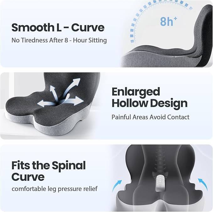 Back and Seat Cushion, 2025 New Ergonomic Non-Slip Memory Foam Seat Cushion with Back Support, L-Shaped Breathable Seat Cushions for Car, Office, Home (Mixed Gray)