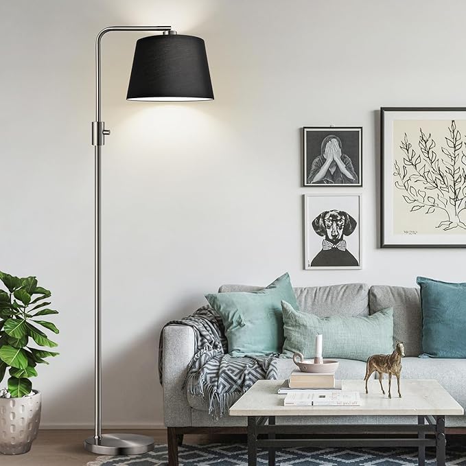 【Upgraded】 Dimmable Floor Lamp, 1000 Lumens LED Edison Bulb Included, Brushed Nickel Arc Floor Lamps Modern Standing Lamp with Black Shade, Tall Lamps for Living Room Bedroom