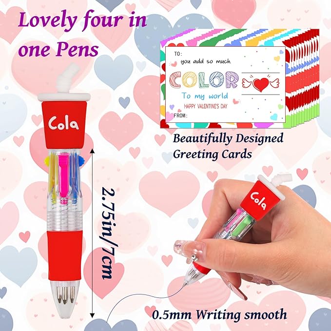 30 Set Cute Multicolor Pens in One 4-in-1 Fun Pens Bulk with 30 Valentines Day Cards for Valentine's Day Party Student Colleagues Greeting Exchange Gift Office School