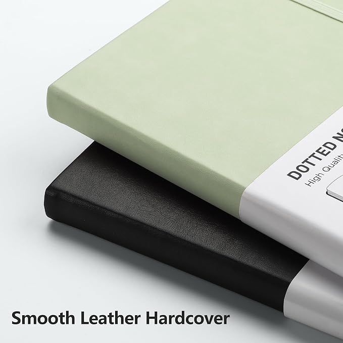 RETTACY Bullet Dotted Journal Notebook, 256 Pages, A5 Medium Size (5.7'' × 8.3''), Leather Hardcover, 120 GSM Thick Paper, for Bullet Journaling, Planning, Tracking (Light Green)