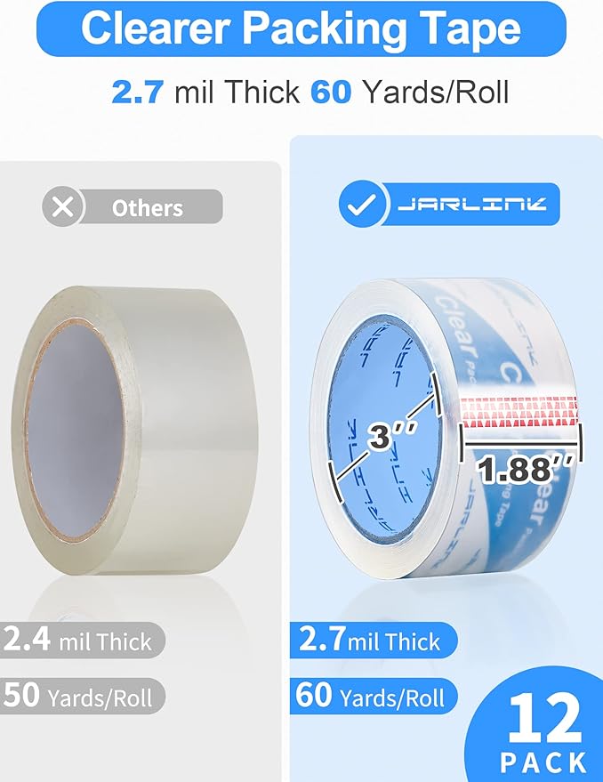 JARLINK Clearer Packing Tape 12 Rolls, Heavy Duty Packaging Tape for Shipping Packaging Moving Sealing, 2.7mil Thick, 1.88 inches Wide, 60 Yards Per Roll, 720 Total Yards