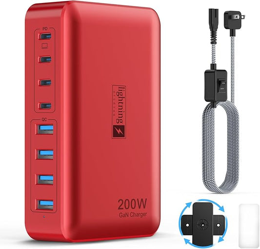 8-Port USB Charger Block 200W with Flat Plug, Braided Power Cord, and On/Off Switch- USB Charging Hub for iPhone, iPad, MacBook and More- 65W C Port Power Adapter for Laptops