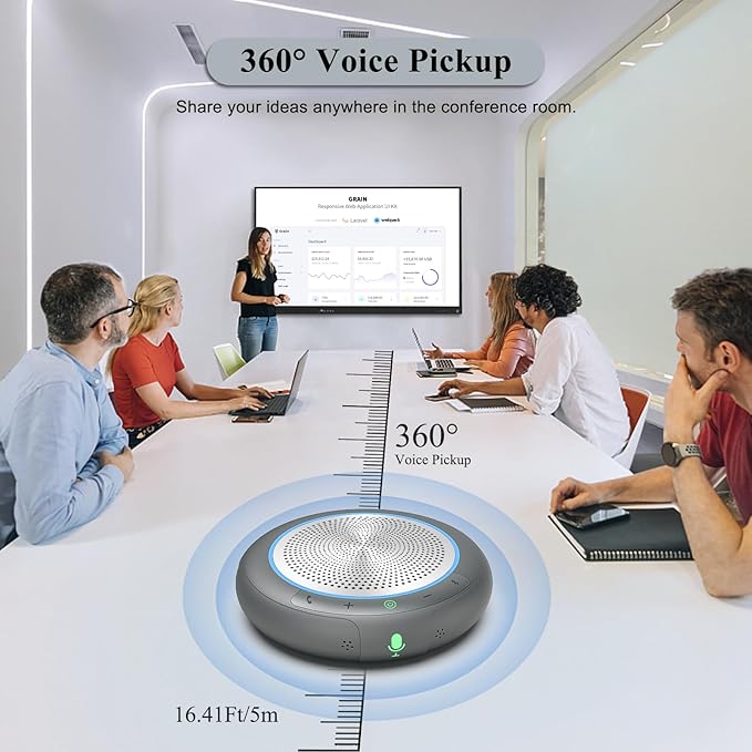 Conference Speaker with Microphone, Silver 360° Voice Pickup Portable Conference Microphone Noise Reduction Bluetooth 5.0 Speakerphone for Zoom, Webex, Home, Office, Online Calling