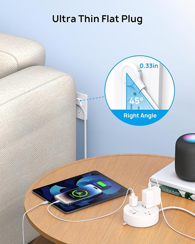 TROND Travel Power Strip - Retractable Extension Cord 5ft Ultra Thin Flat Plug, Retractable Power Strip with 3 AC Outlets 3 USB Ports (2 USB C), Cruise Ship Essentials, for Home Hotel Dorm Room, White