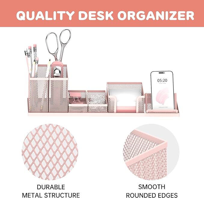 SUPEASY Pen Holder for Desk, 6 Piece Mesh Desk Organizer set, Desk Accessories for Office Organization with Mail Organizer, Letter Phone Holder, Sticky Notes Caddy Storage, Pink
