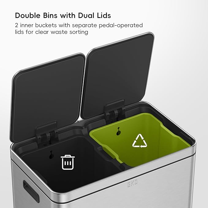 EKO Edison Dual Trash Can for Recycling and Trash, 8+8 Gallons Kitchen Garbage Can with Dual Removable Inner Liners, Independent Lids and Pedals, Matte Stainless Steel