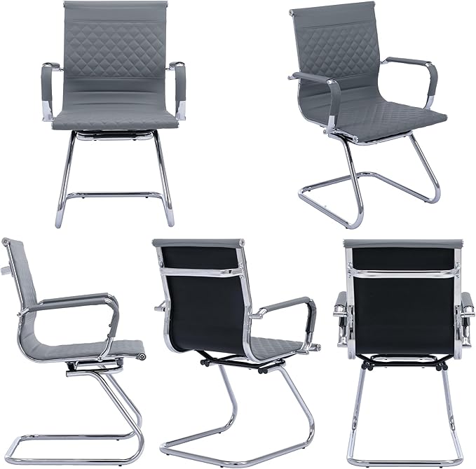Office Guest Chairs - Set of 2 Modern PU Leather Desk Chairs with Mid Back, Grey