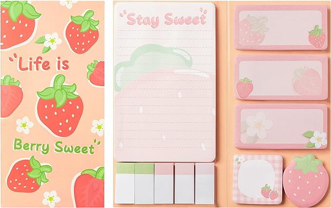 Life is Berry Sweet Sticky Notes Set, 550 Sheets, Strawberry Pattern Self-Stick Notes Pads Summer Fruit Divider Tabs Bundle Writing Memo Pads Back to School Office Supplies Small Gift
