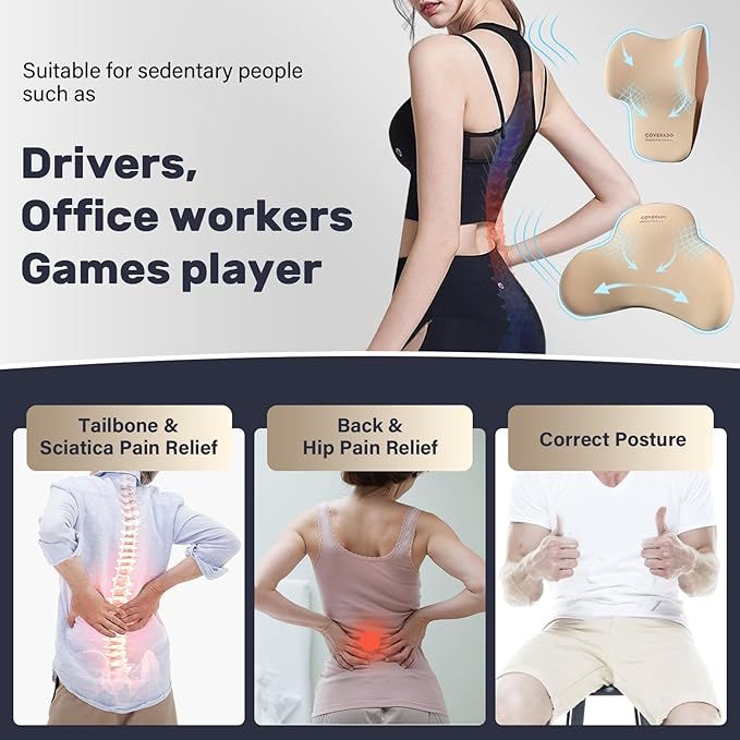 Coverado Lumbar Support and Car Neck Pillow, Ergonomic Memory Foam Desk Chair Cushion and Headrest Pillow for Car Office Chair, Sciatica & Neck & Tailbone Pain Relief Cushion-Beige