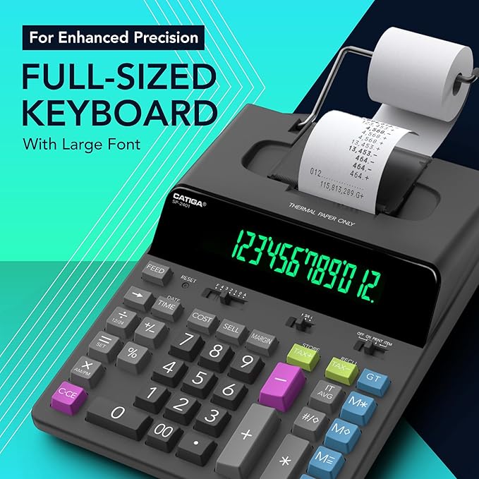 CATIGA 12 Digit Thermal Printing Calculator with Tape Print Out, Ink-Free Adding Machine, 5X Faster Quite at 8.0 LPS, Extra Large Fluorescent Display, Tax Calculation with Clock and Calendar, SP-2401