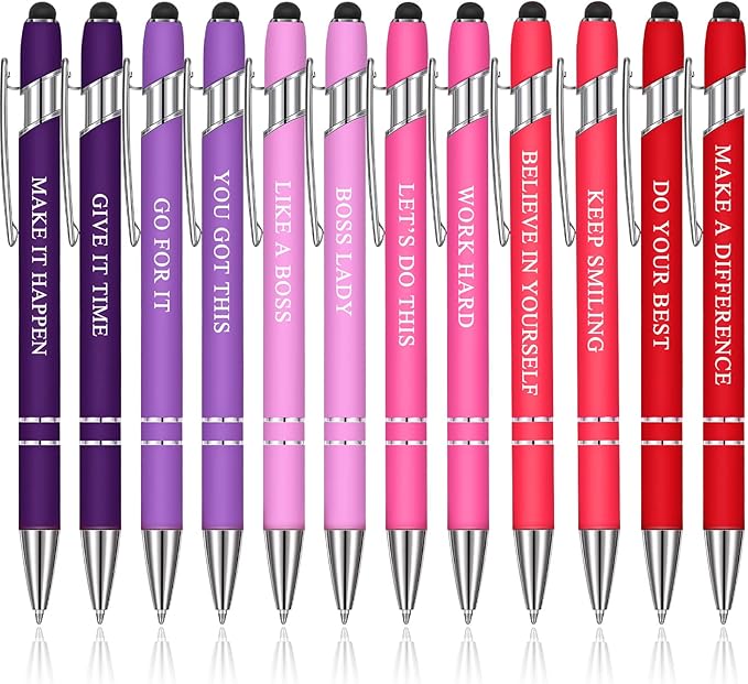 Zonon 12 Pieces Inspirational Pens Bulk Easter Basket Stuffers Motivational Quotes Ballpoint Pens with Stylus Tip Inspirational Gifts for School Office Teachers(Pink Purple Colors,Boss Lady)