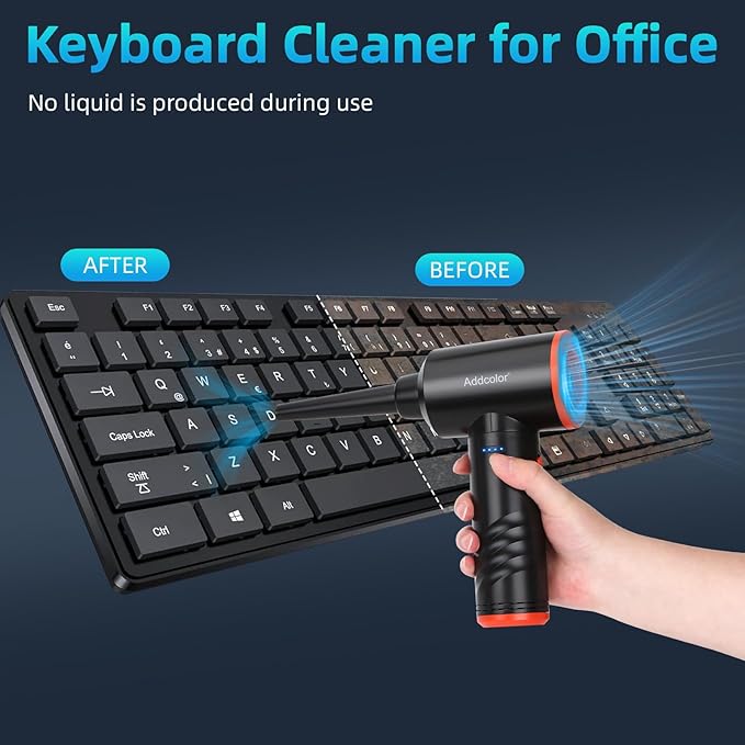 Compressed Air Duster 6000mAh Battery - Electric Air Duster Addcolor AD-38 Keyboard Cleaner for Office-3 Adjustable Wind Speeds with LED Light, Cordless & Reusable Canned Air Duster for Computers