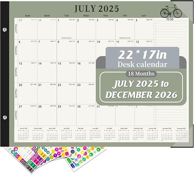 Gannyfer Desk Calendar 2025-2026, Large 18 Monthly Calendar 2025 22" x 17", July 2025 - Dec 2026, Academic Desktop Pad Calendar with To-Do List and Notes, Plastic Cover, Thick Paper, for Planning and Organizing(6 Stickers)