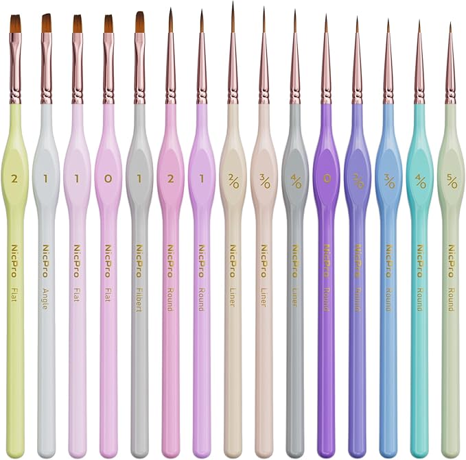 Nicpro 15PCS Micro Fine Detail Paint Brush Set, Aesthetic Pastel Small Miniature Fine Tip Detail Brushes Kit for Acrylic Oil Watercolor, Craft, Models, Miniatures, Rock Painting, Paint by Numbers