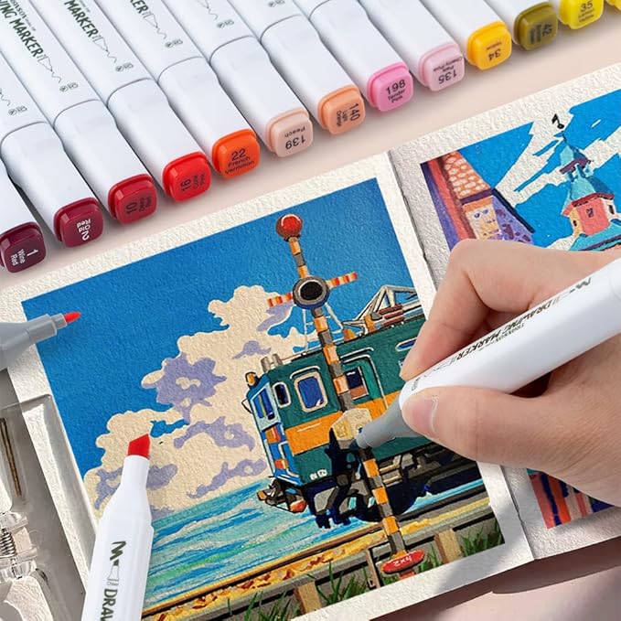 TRANSON Alcohol Markers for Drawing Coloring 48 Colors Dual-tip Fine and Chisel Tips