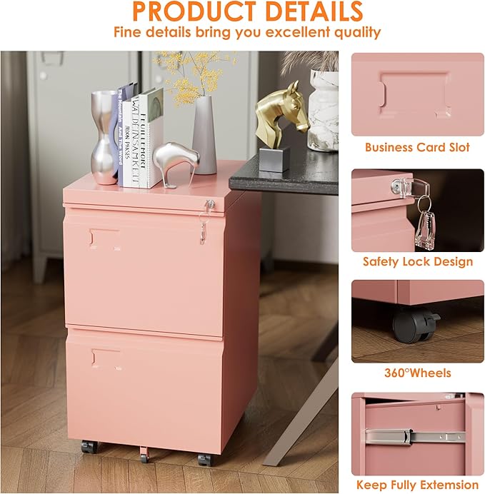 Aobabo Metal 2 Drawer Office File Cabinet with Lock, Under Desk Office Steel Files Cabinet on Wheels, 25.6''H Legal/Letter A4 Size, Assembly Required, Pink