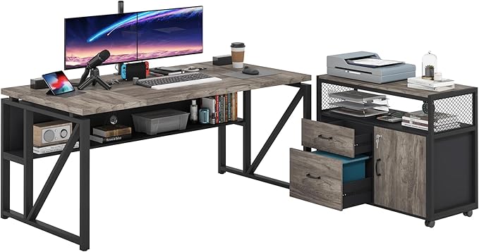 Tribesigns L Shaped Desk with Drawer Cabinet, 63" Executive Computer Desk and lateral File Cabinet, 2 Piece Home Office Furniture with Drawers for Hanging File, Doors with Locks (Gray, 63 inches)