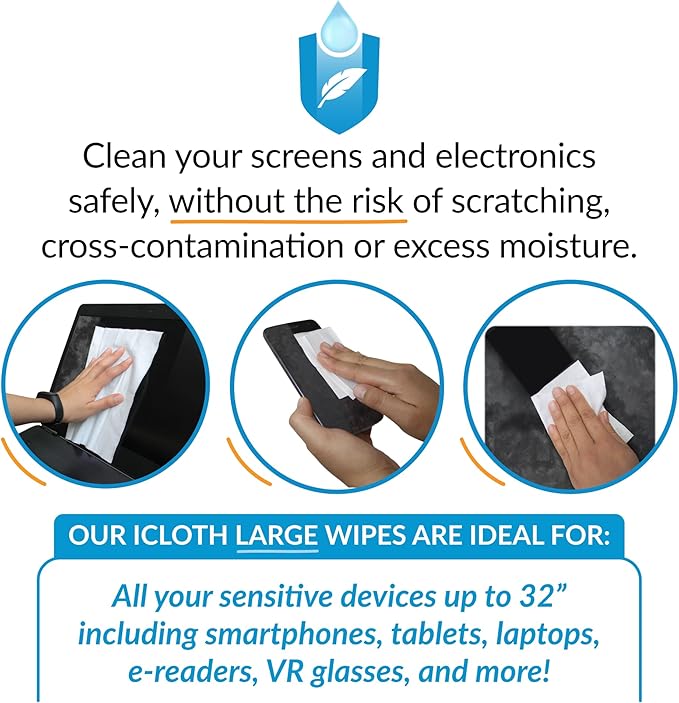 iCloth Large Screen Cleaning Wipes for Electronics, Lint-Free and Streak-Free, Fast-Drying, Removes Dust, Fingerprints, and Smudges (24 Wipes)