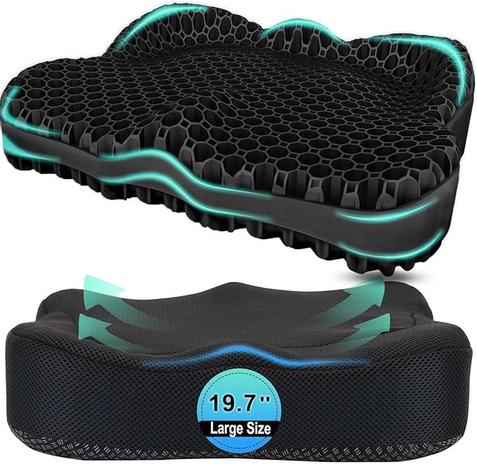 Thicken 19.7in Seat Cushion, Gel Seat Cushion for Long Sitting–Office Chair, Wheelchair, Car Cushion, Large Cooling Pad for Back Pain, Sciatica, Tailbone Pain Relief
