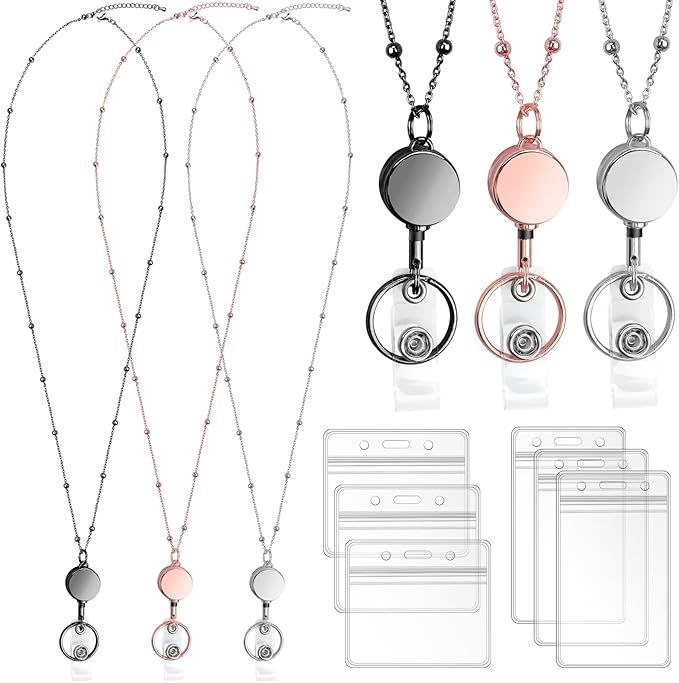 3 Pack Retractable Badge Reel Lanyard with 6 Pcs Waterproof ID Holder Retractable Stainless Steel Badge Reel Lanyard with ID Holder for Girl Women Teacher Adults (Black, Silver, Rose Gold)