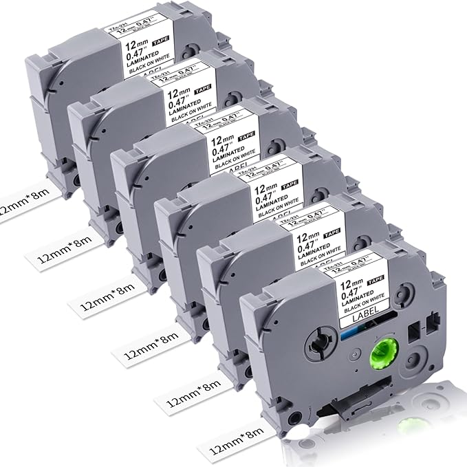 6-PK Replacement for Brother TZe-231 P Touch Label Tape 12mm 0.47 Laminated Black on White, Label Maker Tape TZ-231 for Brother Ptouch Label Maker PT-D220 D210 H110 D400 D600 1880 1900