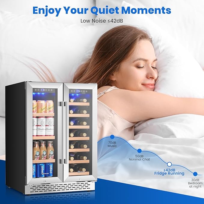 24 Inch Wine and Beverage Refrigerator Under Counter, Dual Zone 20 Bottles & 88 Cans Beverage Fridge with Stainless Steel Tempered Glass Door, Built-in/Freestanding Mini Fridge for Office/Bar/Kitchen