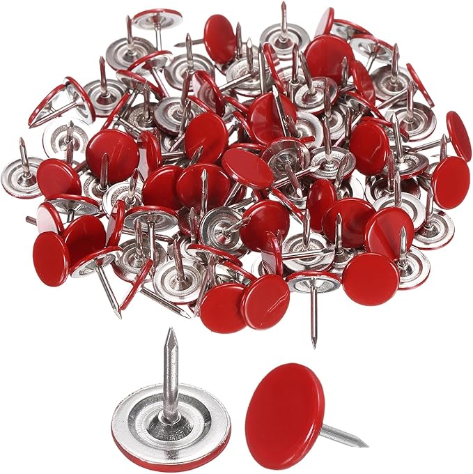 uxcell 120Pcs Push Pins, 11mmx10mm Round Flat Head Decorative Thumb Tacks Upholstery Tacks for Cork Board Office Wall Hangings, Red