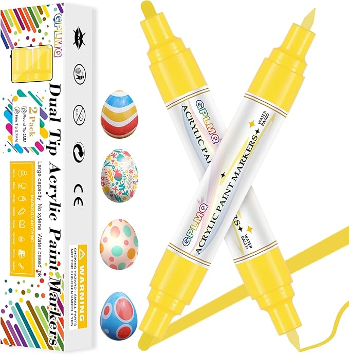 Paint Markers Paint Pens - 2 Pack Dual Tip Acrylic Permanent Marker (0.7mm & 3mm), Non-Toxic, Water-Based for Art Painting, Stone, Ceramic, Glass, Wood, Fabric, Metal, DIY Crafts (Yellow)
