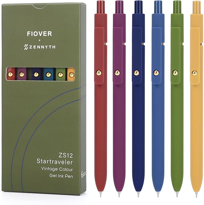 FIOVER 6Pcs Gel Pens, 0.7mm Medium Point Smooth Writing Pen, Black Gel Ink Journaling Supplies for Note Taking, Cute Aesthetic Office School Supplies Gifts for Women(6 Pcs Gold Vintage)
