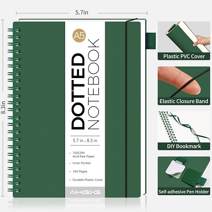 AHGXG Bullet Dotted Journal - Dot Grid Spiral Notebook A5, 160 Pages, 100 GSM Thick Paper, Waterproof Plastic Cover Journals for Bullet Journaling, Sketching, 5.7" x 8.3", Green