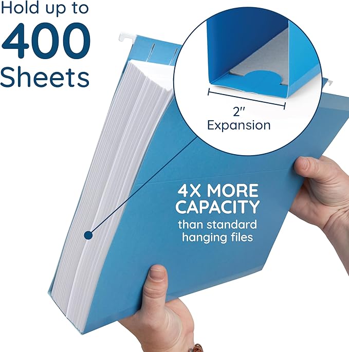 Blue Summit 50 Extra Capacity Hanging File Folders Letter Size, 2 Inch Expansion, Hanging File Folders Extra Capacity, Designed for Bulky Files, Filing Cabinets, Medical Charts, Assorted Colors