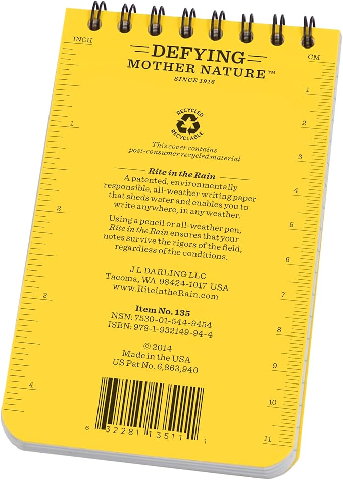 Rite in the Rain Weatherproof Top Spiral Notebook, 3" x 5", Yellow Cover, Universal Pattern, 3 Pack (No. 135-3X)
