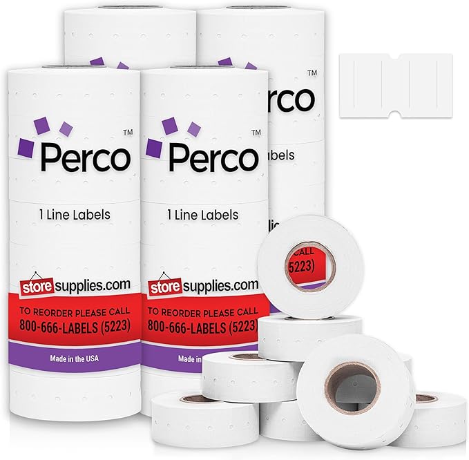 Perco 1 Line White Labels - 32 Rolls, 4 Sleeves, 32,000 Blank Price and Date Gun Labels for Perco 1 Line Price and Date Guns - Made in USA