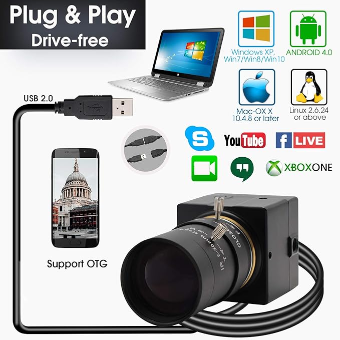 SVPRO 10X Optical Zoom USB Camera with 5-50mm Manual Lens, HD Webcam 5MP Portable Video Camera with Aptina MI5100 Sensor,Desktop Computer Camera for Online Class/Video Conference